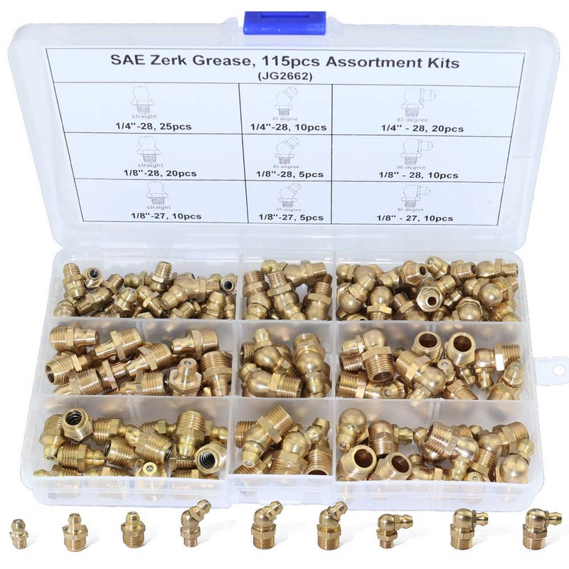 Boeray 115pcs 1/4â€œ 1/8â€ Hydraulic Grease Brass Zerk Fitting SAE Standard Assortment Kit-Straight, 90-Degree, 45-Degree Angled Zerk Assortment Set - Image 1